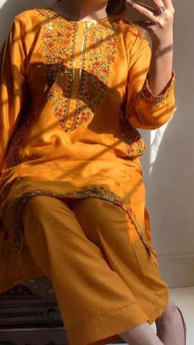 2 Pcs Women's Stitched Linen Embroidered Shirt and Trouser Hype Hem