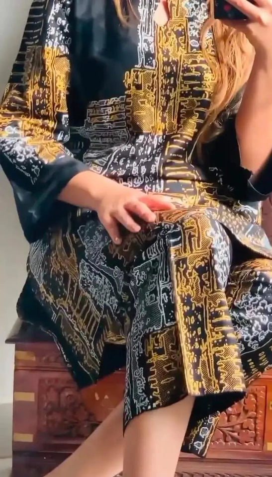 2 Pcs Women's Stitched Printed Linen Shirt and Trouser Hype Hem