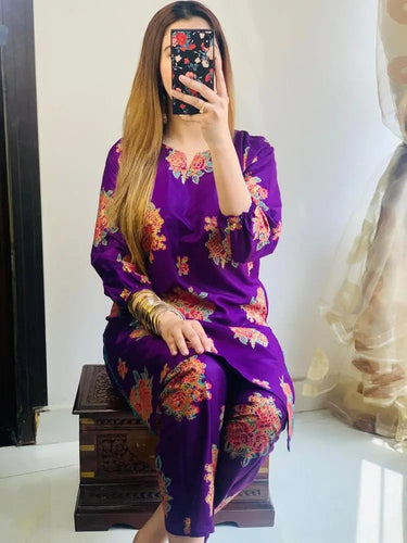 2Pcs Women's Stitched Printed Shirt & Trouser Hype Hem