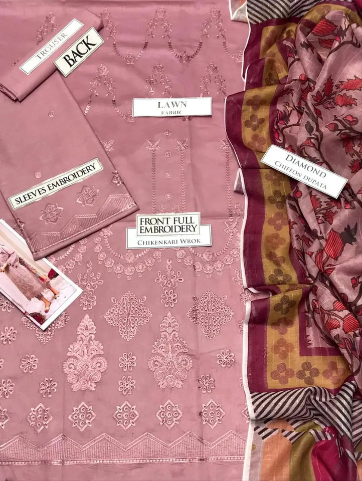 3Pcs Women's Unstitched Chikankari Embroidered Suit Hype Hem