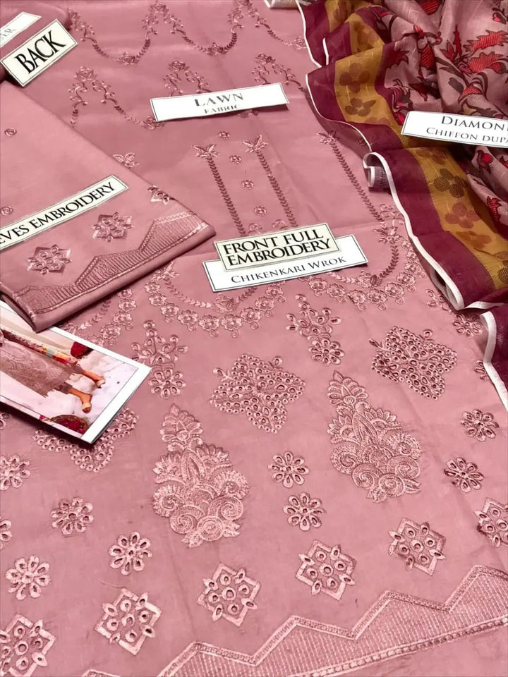 3Pcs Women's Unstitched Chikankari Embroidered Suit Hype Hem