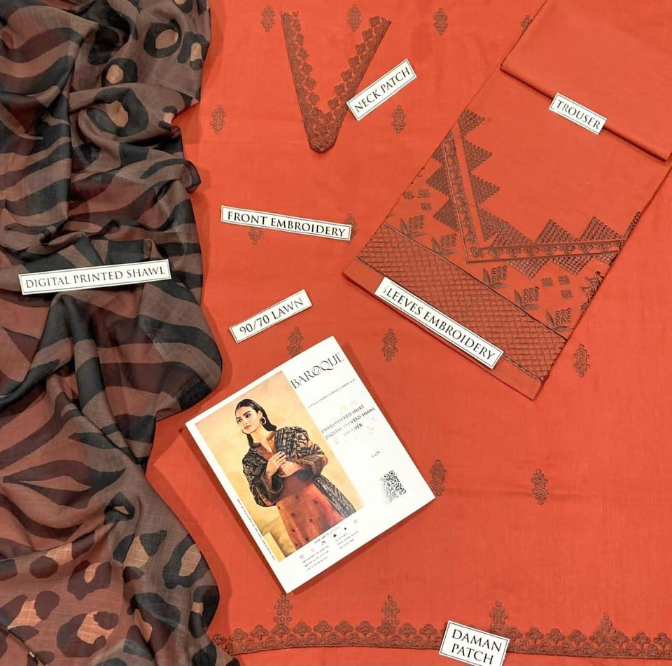 3 Pcs Women's Unstitched Embroidered Lawn Suit Hype Hem