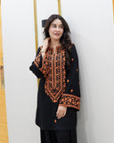 Stylish Black Cotton Embroidered Shirt and Trouser Set - 2 Pcs