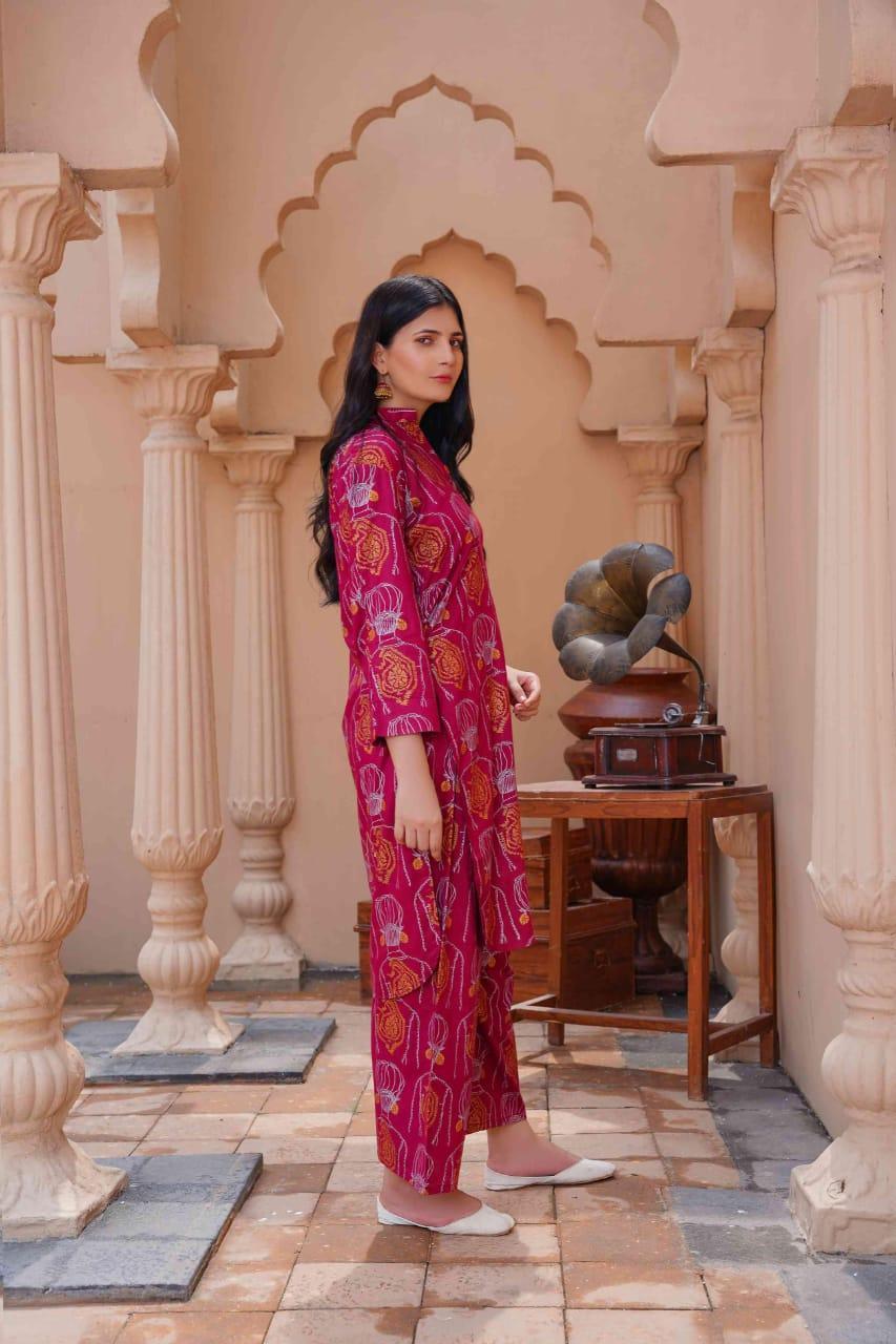 : 2 Pcs Women's Stitched Linen Printed Long Shirt & Trouser