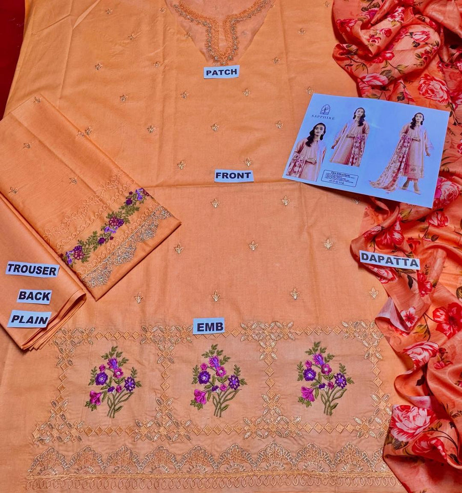 3Pcs Women's Embroidered Unstitched Lawn Suit Hype Hem