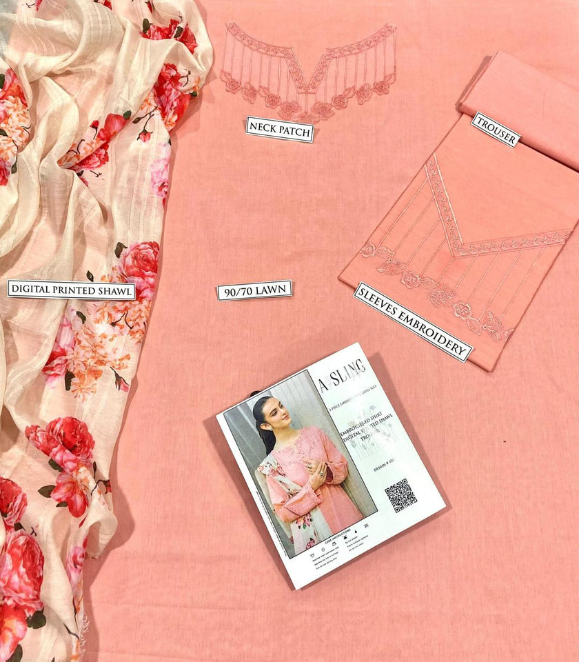 3 Pcs Women's Unstitched Embroidered Lawn Suit Hype Hem