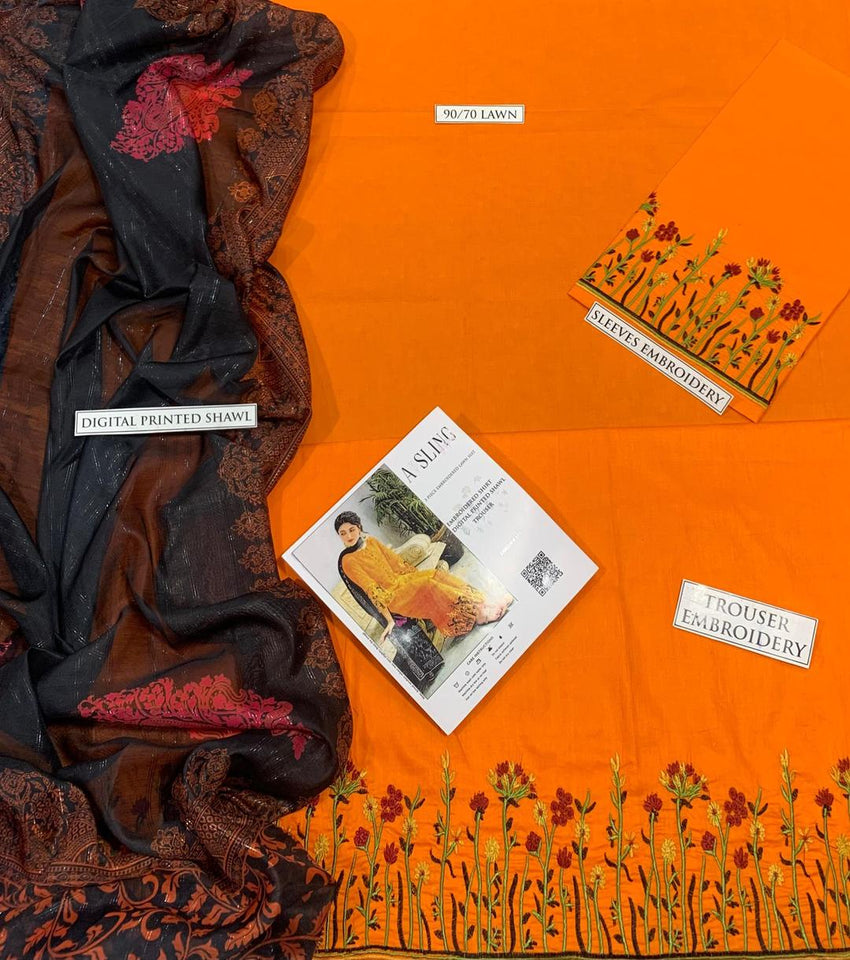 3Pcs Women's Unstitched Embroidered Lawn Suit Hype Hem