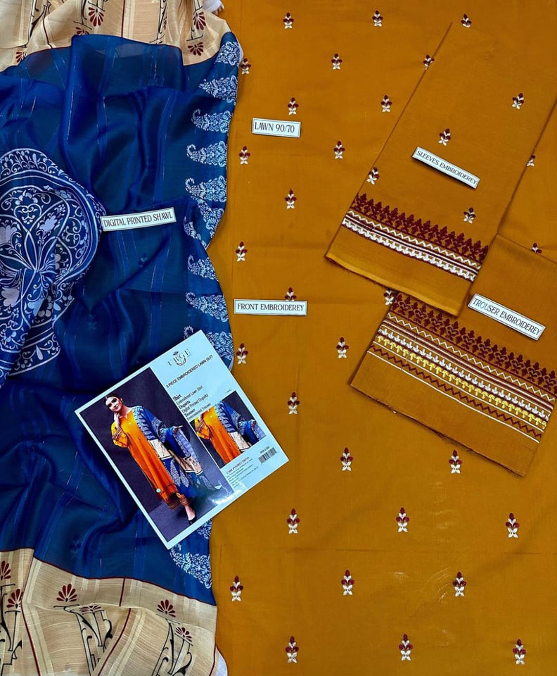 3Pcs Women's Unstitched Embroidered Lawn Suit Hype Hem