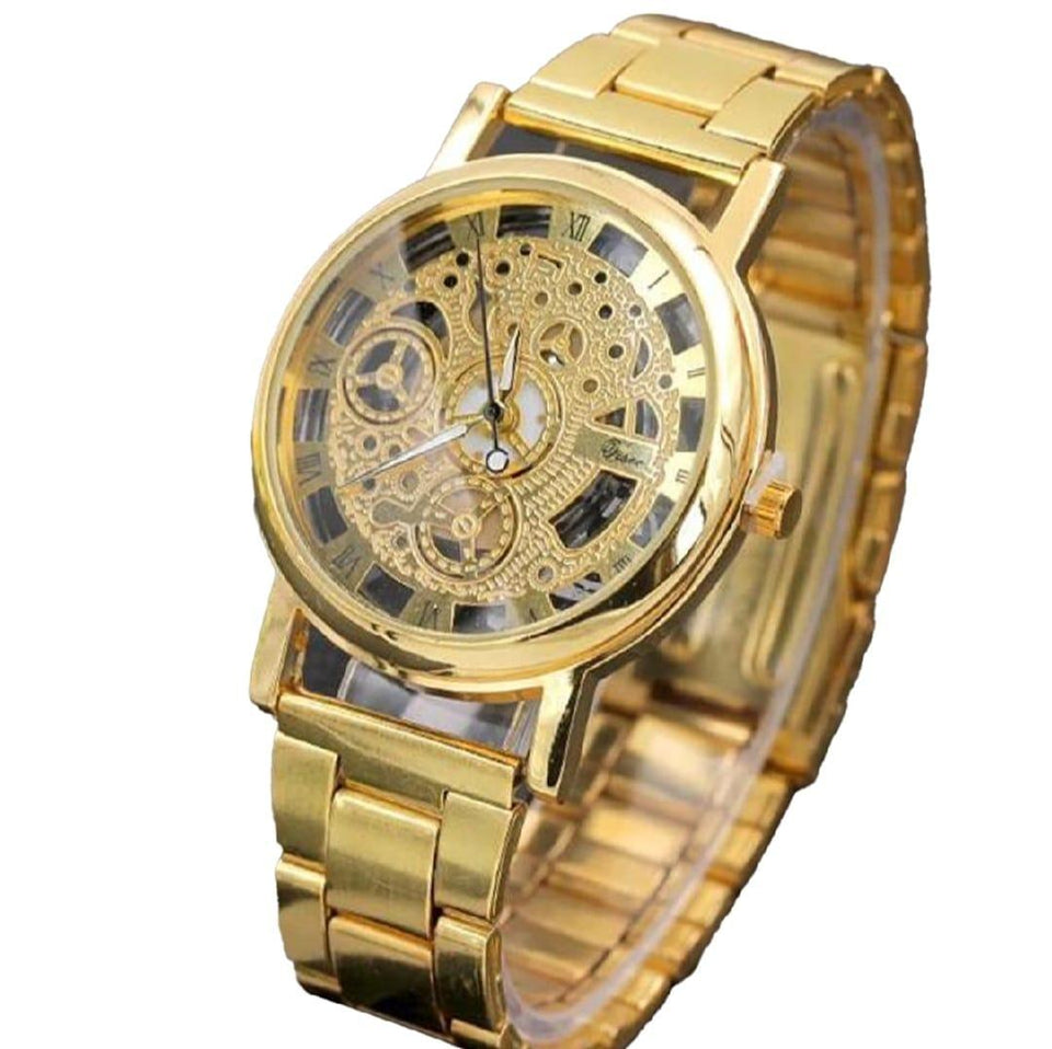 Men's Gold Stainless Steel Hand-Winding Mechanical Watch - 1 Pc