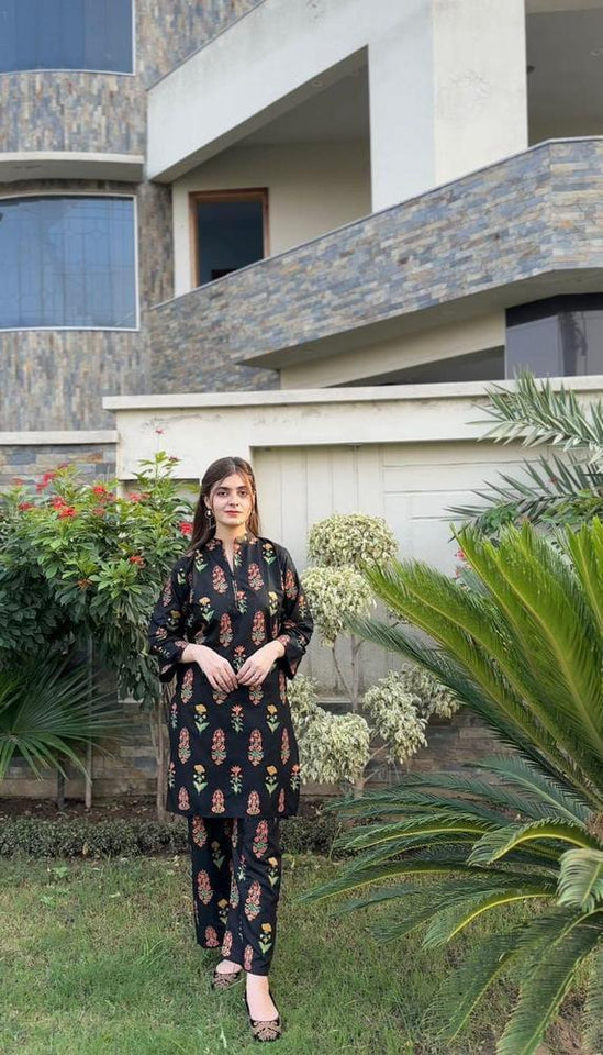 2 Pcs Women's Stitched Linen Printed Shirt And Trouser