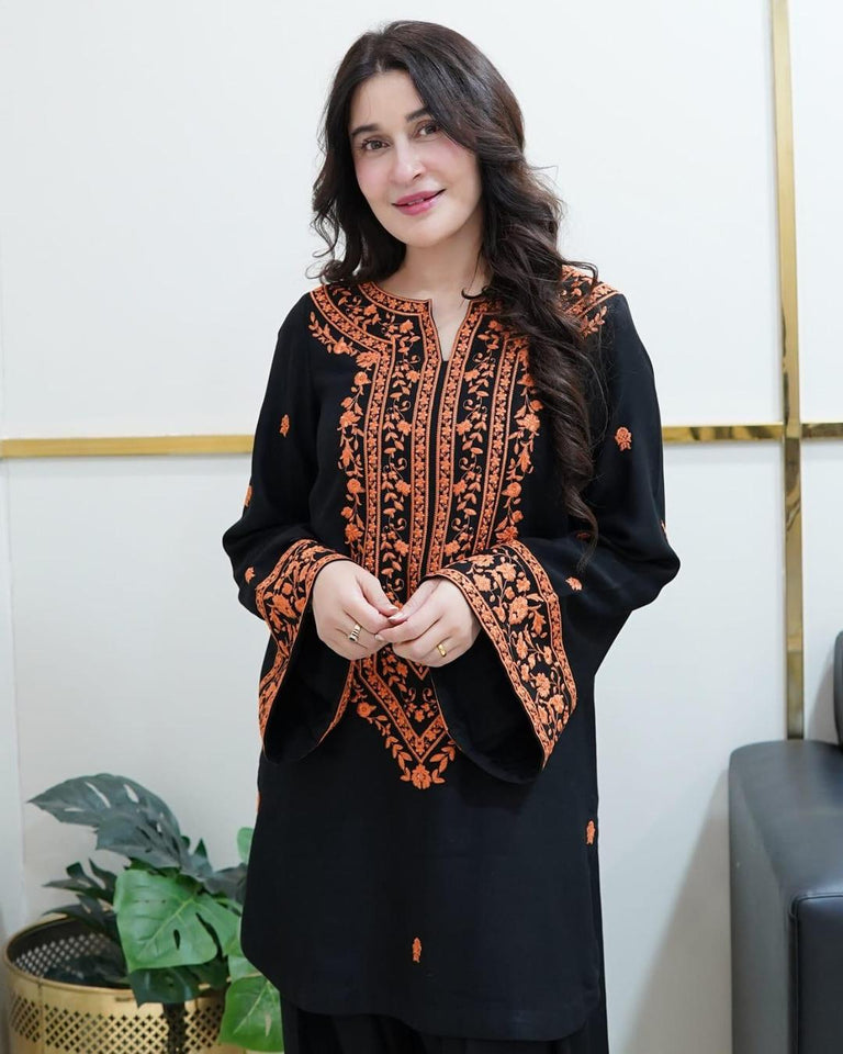 Stylish Black Cotton Embroidered Shirt and Trouser Set - 2 Pcs