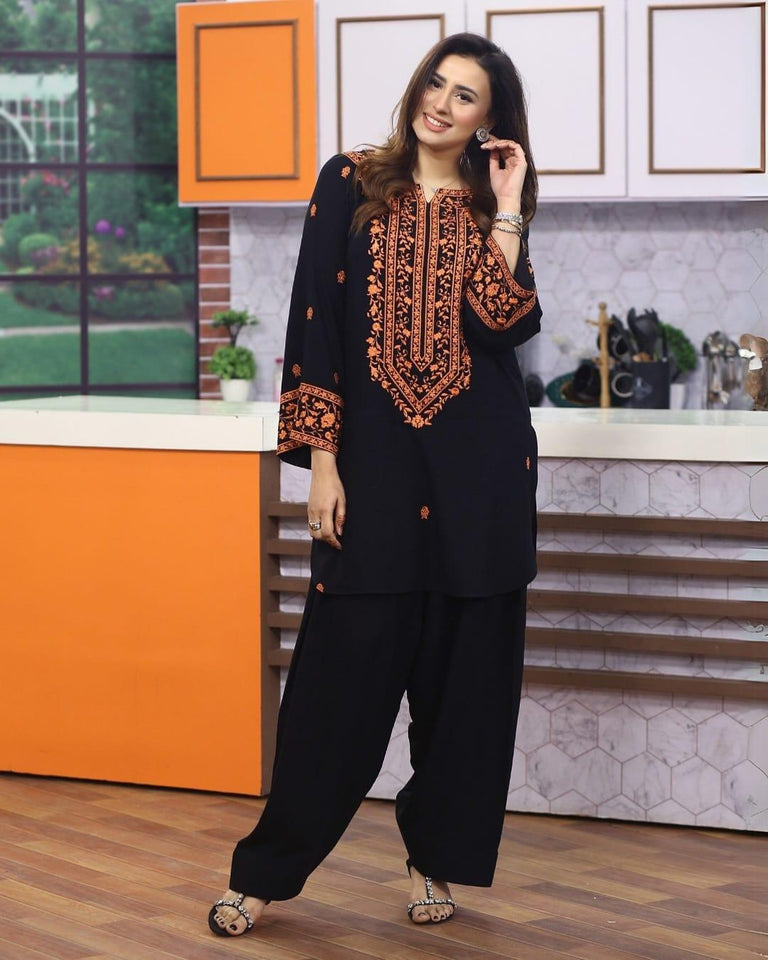 Stylish Black Cotton Embroidered Shirt and Trouser Set - 2 Pcs