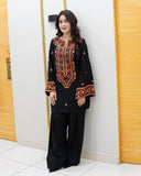 Stylish Black Cotton Embroidered Shirt and Trouser Set - 2 Pcs