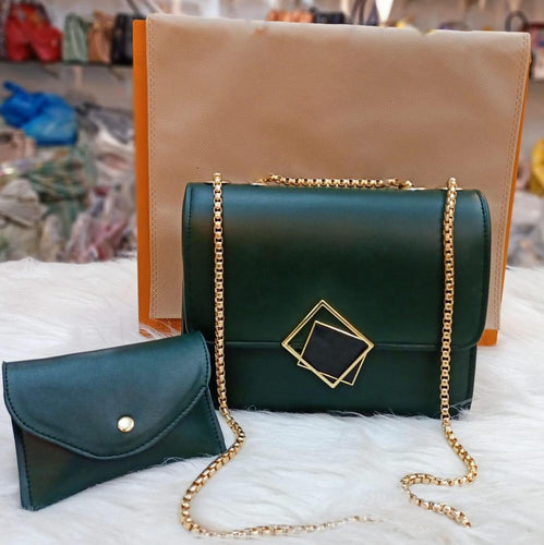 2 Pcs Leather Hand Bag With Long Golden Chain