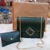 2 Pcs Leather Hand Bag With Long Golden Chain