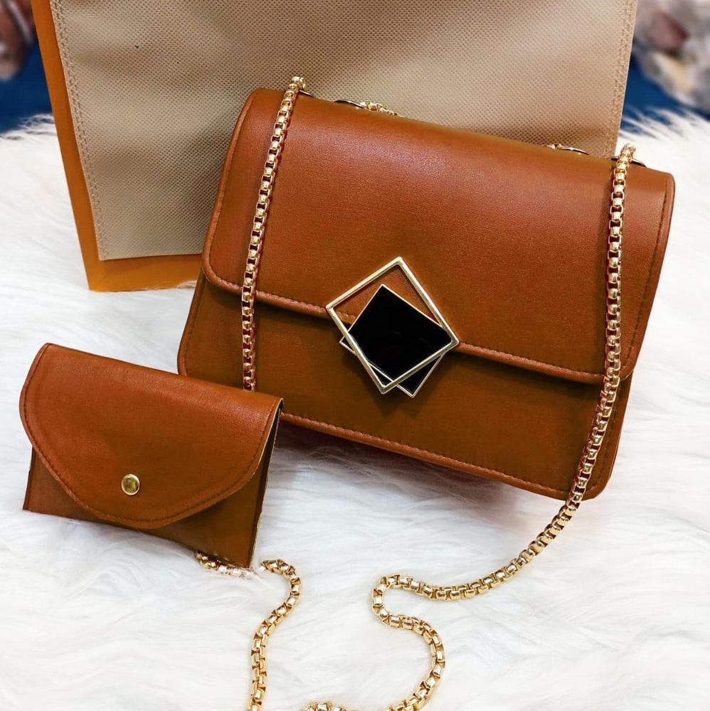 2 Pcs Leather Hand Bag With Long Golden Chain
