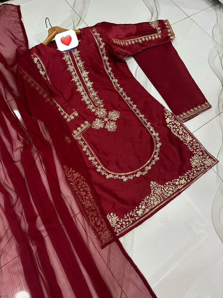 3 Pcs Women's Stitched Sequins Embroidered Frock