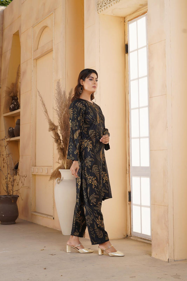 Stylish Women's Stitched Black Linen Shirt & Trouser Set - 2 Pcs