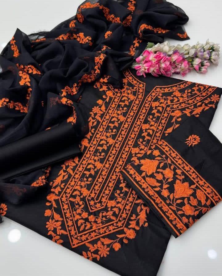 3 Pcs Women's Unstitched Chikankari Embroidered Suit