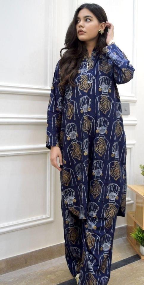 2 Pcs Women's Stitched Linen Printed Shirt And Trouser